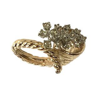 Gold Tone Cornucopia Ring with Clear Rhinestones and Built in Sizer Fits Sz 5-6